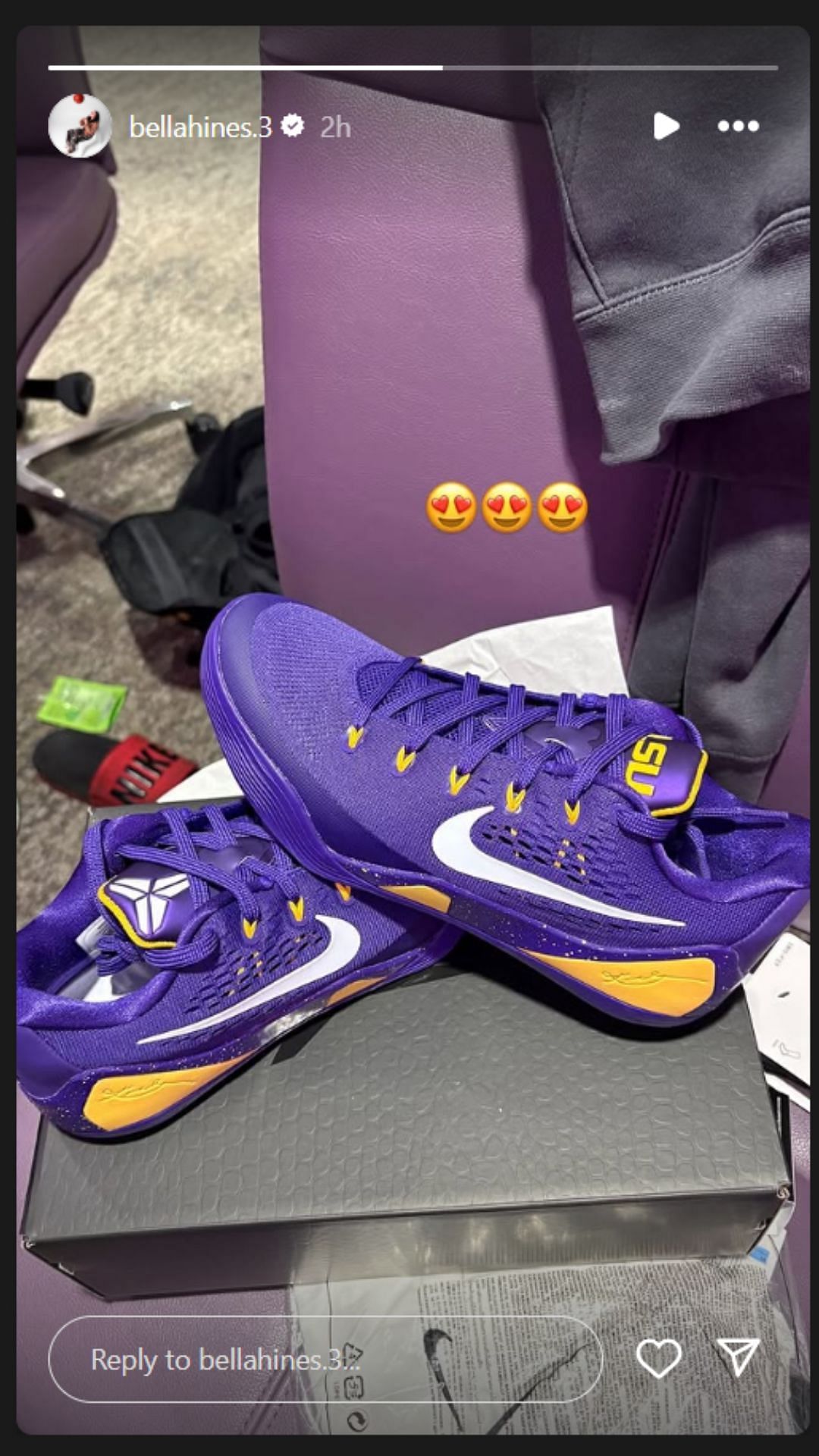 Bella Hines reacts to LSU's Nike purple and gold sneakers on IG story. Image via @bellahines